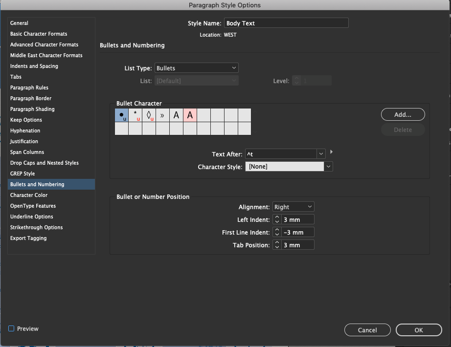 Use characters and paragraphs stylesheets, even for bullet points
